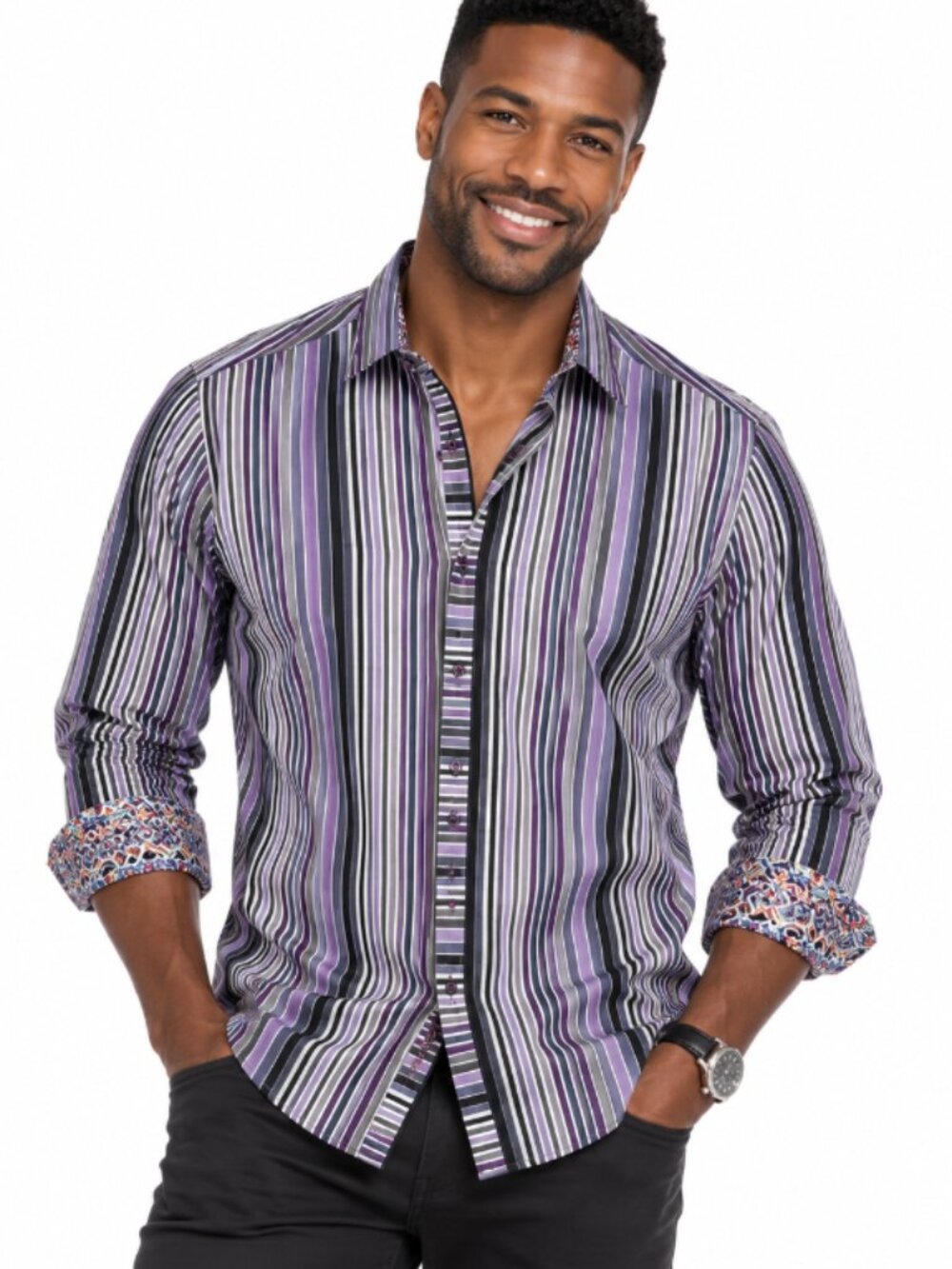 Robert Graham Men’s Purple Striped Shirt Dress Casual Party L